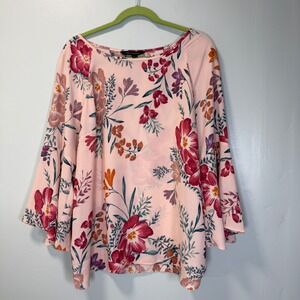 Zac & Rachel Pink Floral Bell Sleeve Blouse Scoop Neck Lightweight Top
